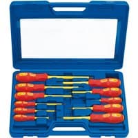 Blue case with 11 red and yellow insulated screwdrivers, clear lid, ergonomic handles, and various tip sizes.