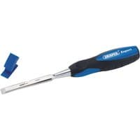 Draper Expert wood chisel, 12mm, with blue and black handle, silver blade, and blue blade guard.