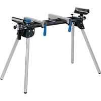 Black and silver Draper Extending Mitre Saw Stand with adjustable legs and blue clamps.