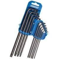 Black Draper extra long 9 piece Tx-Star key set with blue plastic holder, featuring L-shaped star keys.
