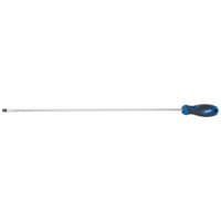 Draper screwdriver with extra long 450mm shaft, soft grip blue and black handle, plain slot tip.