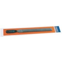 Gray 250mm Draper garden tool file with a blue handle, packaged on an orange and white card.
