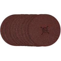 Pack of 10 round brown Draper fibre sanding discs, 125mm, 36 grit, stacked slightly overlapping.
