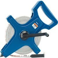 Blue Draper fibreglass surveyor's tape, 50m/165ft, with ergonomic handle and manual winding crank.