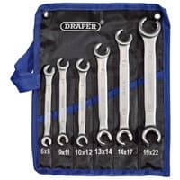 Draper Flare Nut Spanner Set, 6 silver wrenches in blue and black roll-up pouch, sizes 6x8 to 19x22.