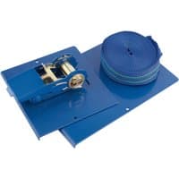 Blue Draper flooring tie down strap, 5m, with metal ratchet and coiled strap on blue metal base.