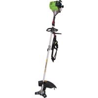 Green and silver Draper four-stroke petrol brush cutter, 31cc, with black handle and shoulder strap.