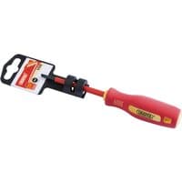 Red Draper insulated slot screwdriver, 3 x 75mm, with ergonomic handle and protective packaging.