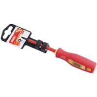 Red Draper insulated screwdriver with soft grip handle, cross slot tip, and 75mm shaft.