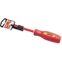 Red Draper insulated screwdriver with soft grip handle, cross slot tip, and 100mm shaft.