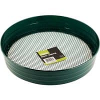Green round Draper garden soil sieve with metal mesh and product label on the side.