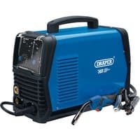 Blue Draper AC/DC MIG welder with black handle, control panel, and attached welding torch.