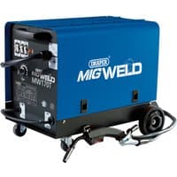 Blue Draper MIG welder, 160A, with control panel, wheels, and attached welding torch.