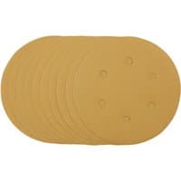 Gold Draper sanding discs, 150mm, 320 grit, with hook and loop backing, pack of 10 stacked neatly.