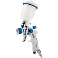 Silver Draper HVLP air spray gun with white 100ml gravity feed cup and blue adjustment knobs.