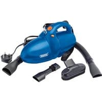 Blue Draper hand-held vacuum cleaner, 600W, with hose, brush attachment, and UK plug.