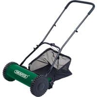 Green Draper hand lawn mower with black handle, 380mm cutting width, and rear grass collection bag.
