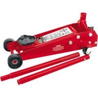 Red Draper heavy duty garage trolley jack, 3 tonne capacity, with black wheels and detachable handle.