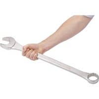 Silver Draper 46mm heavy-duty long pattern metric combination spanner, open and ring ends, held by a hand.