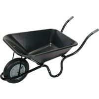 Black Draper wheelbarrow with heavy-duty plastic tray, 85L capacity, single pneumatic wheel, and metal handles with grips.
