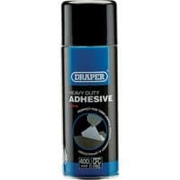 Black and silver Draper Heavy Duty Spray Adhesive can, 400ml, with blue label and adhesive application image.
