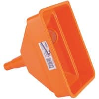 Orange Draper heavy duty tractor funnel with rectangular top and narrow spout, labeled with product sticker.