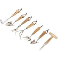 Draper Heritage 7 Piece Stainless Steel Garden Tool Set with wooden handles and leather hanging loops.