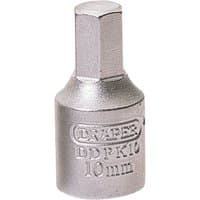 Silver Draper hexagon drain plug key, 3/8 square drive, 10mm, with engraved branding and size on the side.