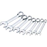 Draper HI-TORQ 7-piece stubby combination spanner set, silver chrome finish, open and ring ends, varying sizes.