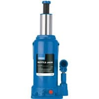 Blue Draper hydraulic bottle jack, 10 tonne capacity, with a cylindrical body and extended lifting piston.