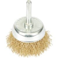 Draper Hollow Cup Wire Brush, 50mm with brass bristles and silver metal shank for power drill attachment.
