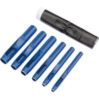 Blue Draper hollow punch set with six metal punches and black storage pouch.