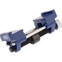 Blue Draper honing guide with adjustable clamps, silver rods, and black threaded knob, fits 3-67mm blades.