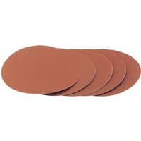 Pack of five round, brown sanding discs, 230mm, 80 grit, with hook and eye backing by Draper.