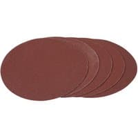 Pack of five round red-brown Draper sanding discs, 180mm, 100 grit, with hook and loop backing.