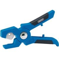 Blue Draper hose cutter with black grips, adjustable blade, and ergonomic handle for 3-14mm hoses.