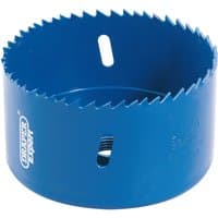Blue Draper HSS bi-metal holesaw blade, 92mm diameter, with jagged teeth and side slots for easy attachment.