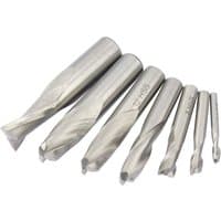 Silver Draper HSS end mill set with six two-flute cutters ranging from 4mm to 16mm in diameter.