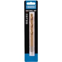 Draper HSS Titanium Drill Bit, 11.0mm, gold-colored with spiral flutes, in black and blue packaging.