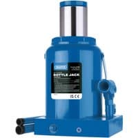 Blue Draper hydraulic bottle jack, 50 tonne capacity, with a cylindrical body and two detachable handles.
