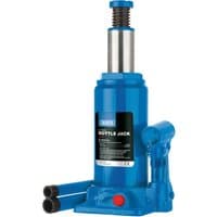 Blue Draper hydraulic bottle jack, 8 tonne capacity, with a black label and detachable handle.