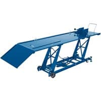 Blue Draper hydraulic motorcycle lift with ramp, 360kg capacity, steel frame, and adjustable platform.