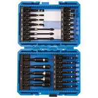 Draper 26-piece impact screwdriver bit set in a blue plastic case with organized black bits and labeled slots.
