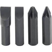Draper Impact Screwdriver Bit Set, 4 black steel bits with flat and crosshead tips, cylindrical design.