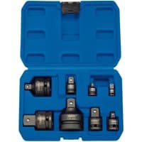 Draper Impact Socket Adaptor Set, 8 pieces in a blue plastic case with molded slots, various sizes of black adaptors.