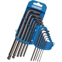 "Draper Imperial Hex and Ball End Hex Key Set, 10 pieces, black with L-shaped design in blue plastic holder"