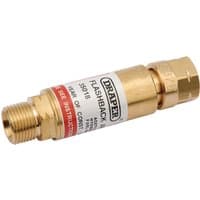 Gold Draper In-Line Fuel Flashback Arrestor with threaded ends and white label detailing safety instructions.