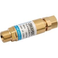Gold Draper In-Line Oxygen Flashback Arrestor with threaded ends and white label detailing specifications.
