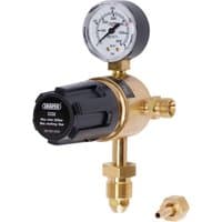Draper gas bottle regulator, brass body, black knob, single pressure gauge, 300 bar rating.
