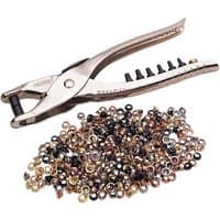 Silver Draper hole punch and eyelet pliers with black grip, shown with assorted metal eyelets.